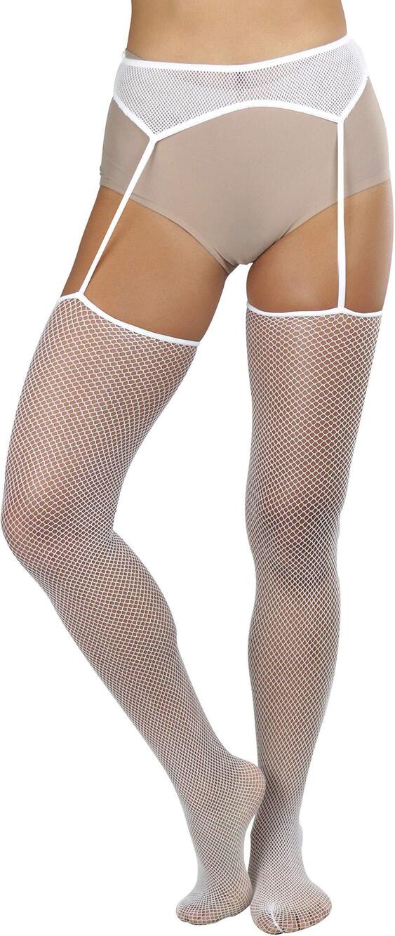 6968 Fishnet Thigh Hi Stockings with Attached Garterbelt - White